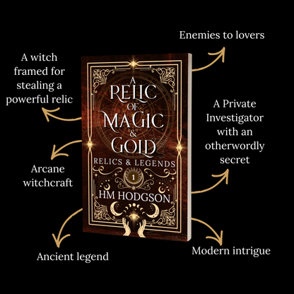 Book titled 'A Relic of Magic & Gold' by HM Hodgson with text describing plot elements on a black background.