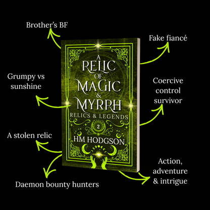 Book titled 'A Relic of Magic & Myrrh' with text describing plot elements on a black background