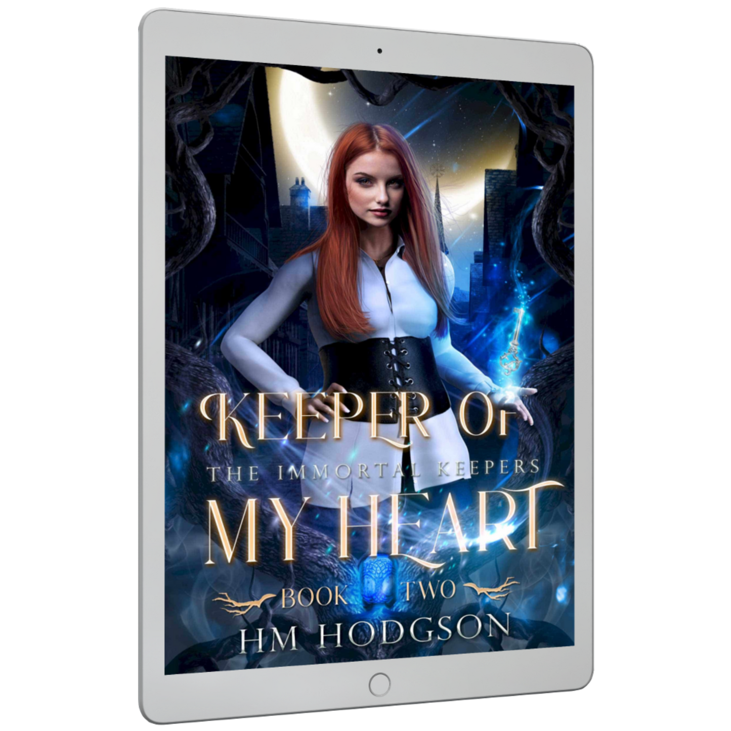 Tablet displaying the book cover of 'Keeper of My Heart' by HM Hodgson on a white background