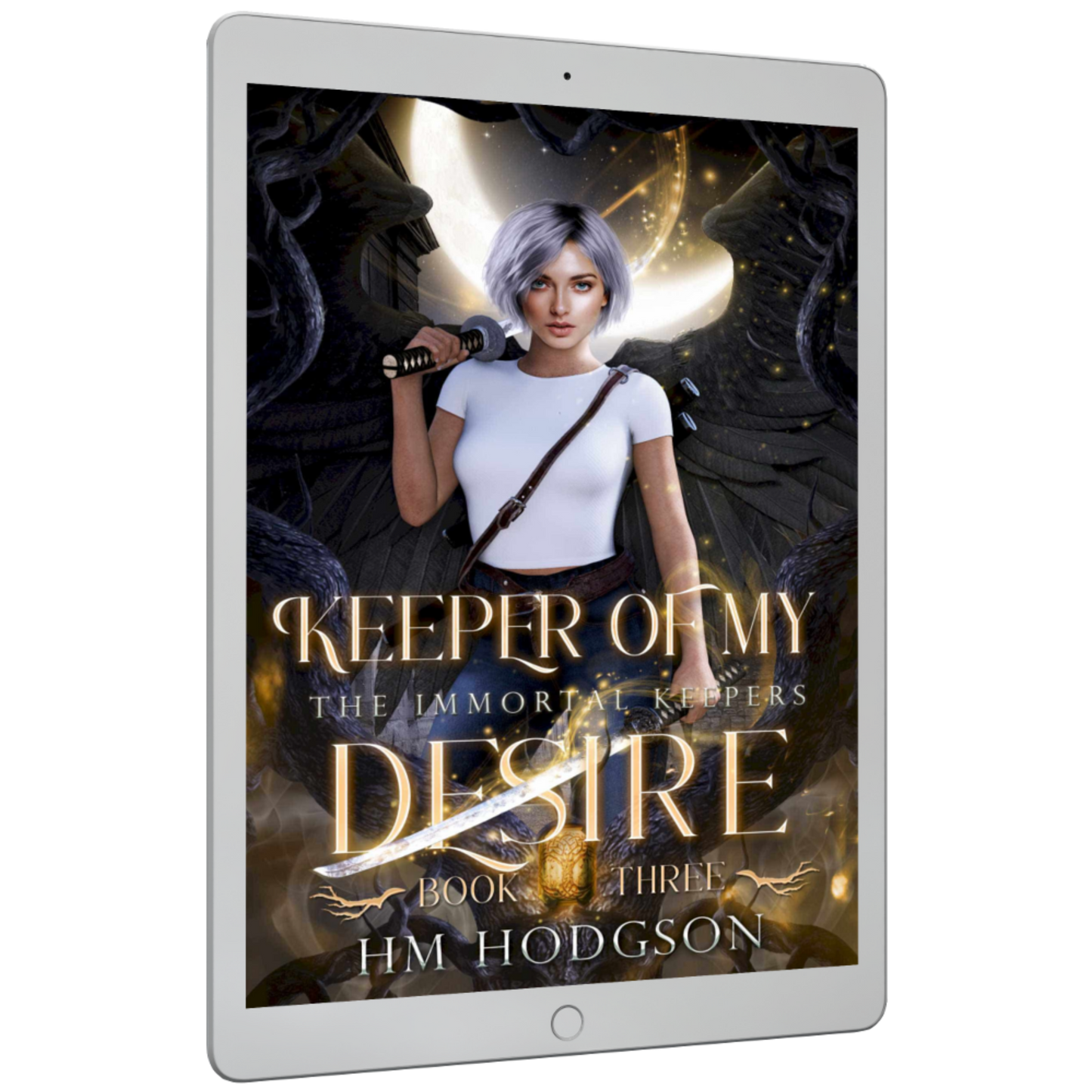 Ebook cover of 'Keeper of My Desire' by H.M. Hodgson on a tablet screen.