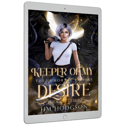 Ebook cover of 'Keeper of My Desire' by H.M. Hodgson on a tablet screen.